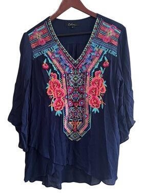 Calessa Embroidered Boho Tunic Blouse Size Small